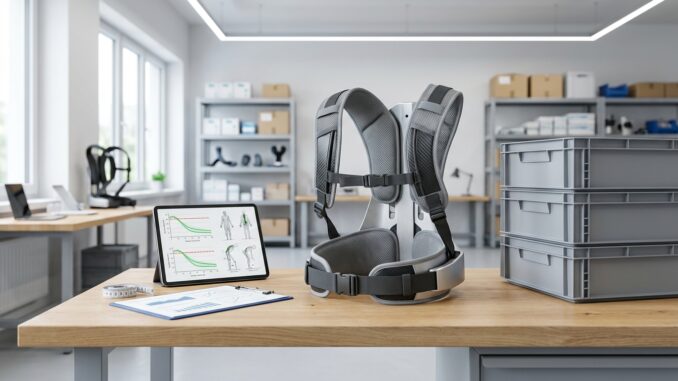 ein tragbares exoskelett steht auf einem tisch in einem modernen labor mit einem tablet auf dem grafiken und diagramme angezeigt werden und aufbewahrungsboxen im hintergrund