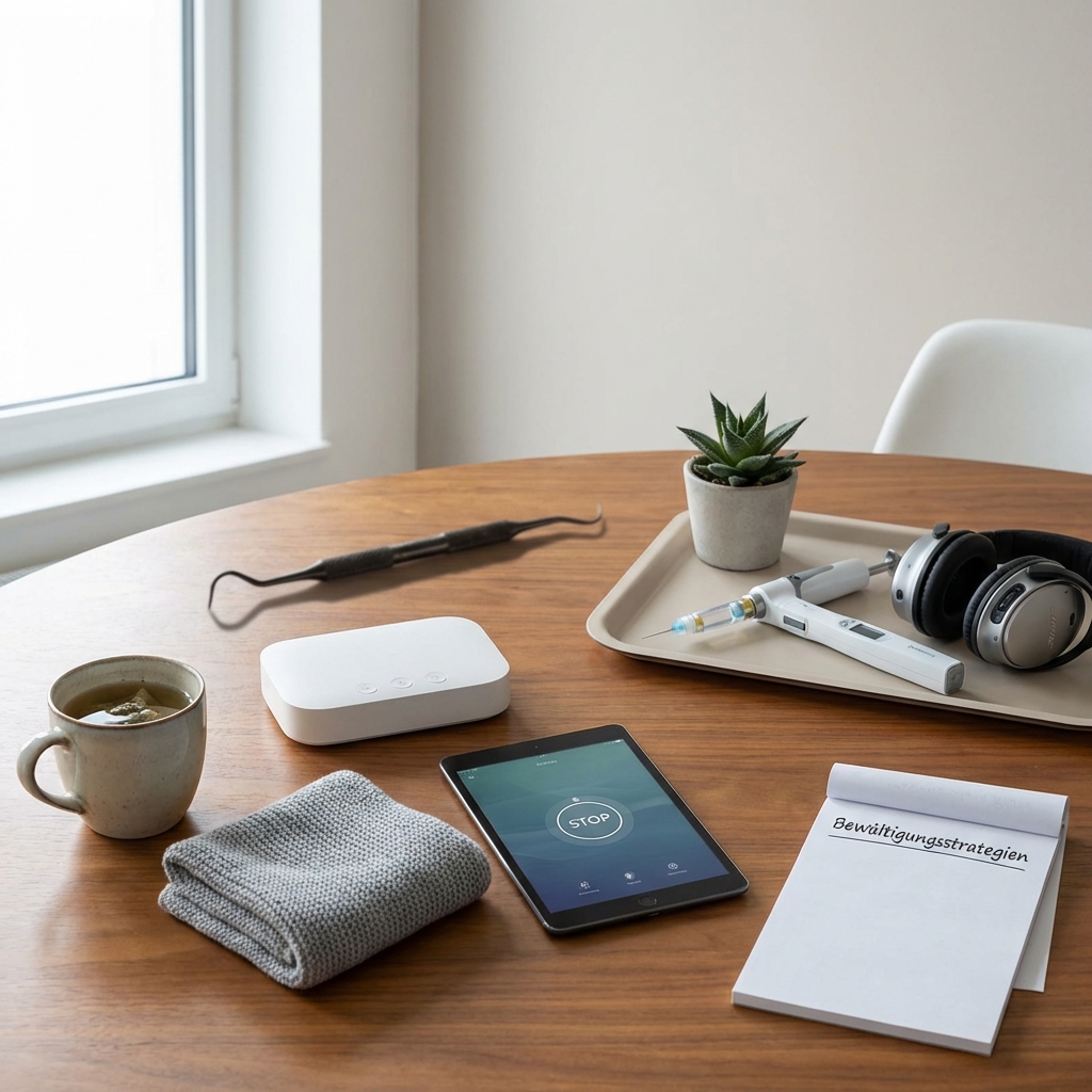 ein holztisch mit einer tasse einem gefalteten tuch einem tablet einem kleinen weißen gerät einem zahnarztwerkzeug einem tablett mit einer topfpflanze kopfhörern zahnbürsten und einem notizblock mit der aufschrift "bewältigungsstrategien"