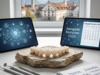 eine zahnprothese auf einem stein ist zwischen zwei tafeln mit angaben zu zahnärztlichen konferenzen ausgestellt wobei im vordergrund zahnärztliche werkzeuge und ein notizblock zu sehen sind und durch das fenster eine stadtlandschaft zu sehen ist