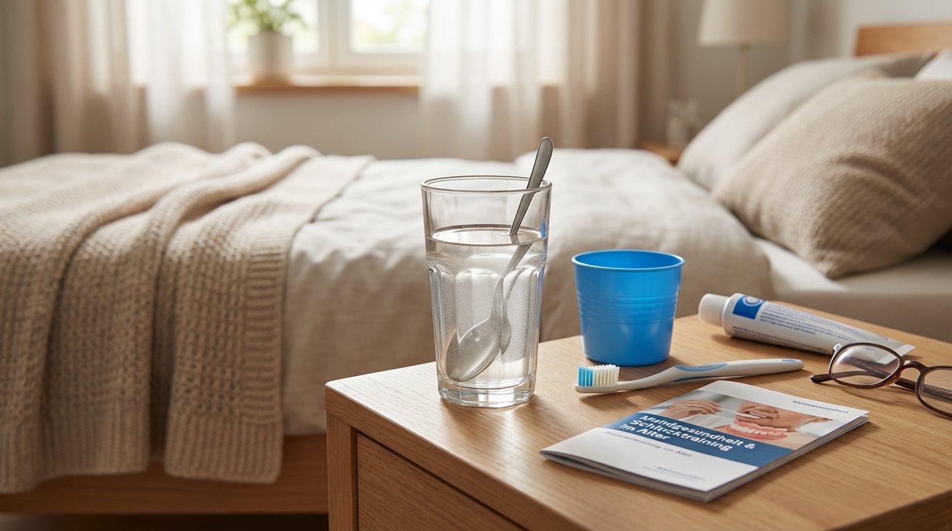 ein glas wasser mit einem löffel eine blaue tasse zahnpasta zahnbürste eine broschüre und gläser auf einem nachttisch neben einem ordentlich gemachten bett in einem sanft beleuchteten schlafzimmer