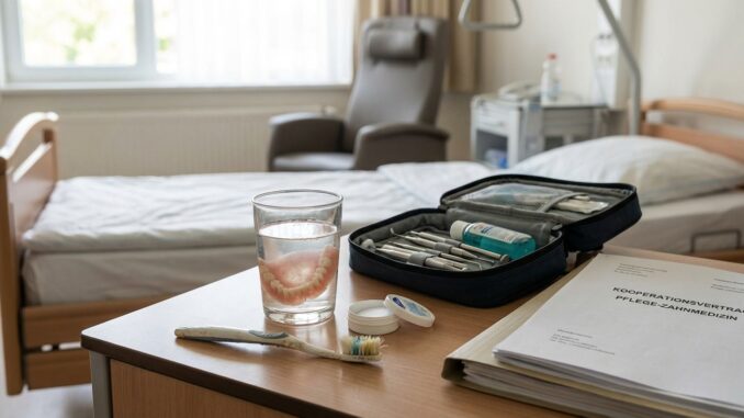 in einem gut beleuchteten raum eines krankenhauses oder einer pflegeeinrichtung stehen auf einem tisch neben dem bett ein glas mit zahnersatz zahnpflegeutensilien und unterlagen