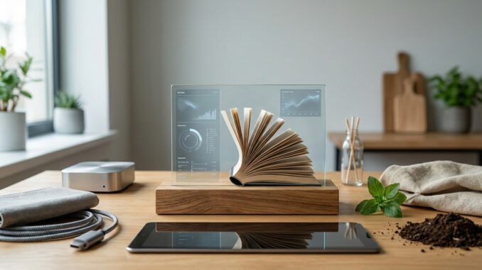 ein moderner arbeitsbereich mit einem digitalen display das daten anzeigt einem buch auf einem holzständer einem tablet kabeln pflanzen und küchenutensilien auf einem holztisch