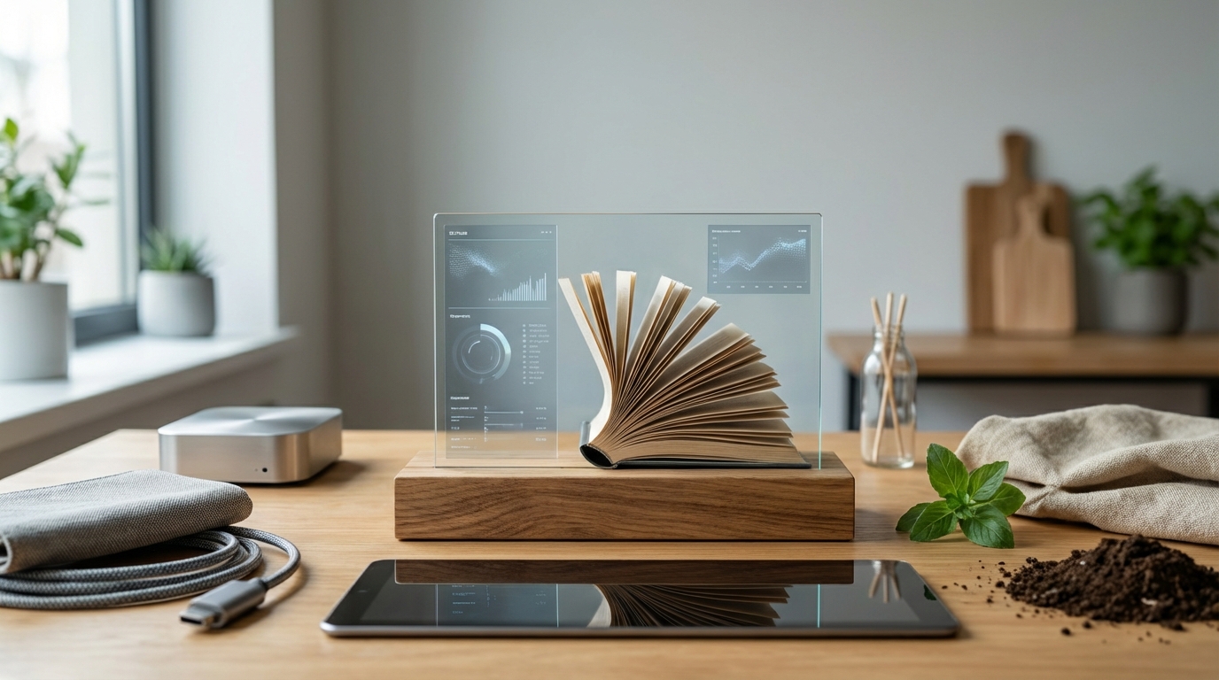 ein moderner arbeitsbereich mit einem digitalen display das daten anzeigt einem buch auf einem holzständer einem tablet kabeln pflanzen und küchenutensilien auf einem holztisch
