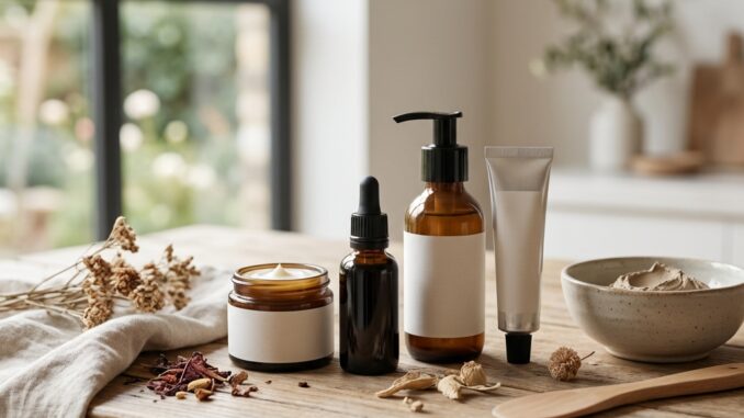 hautpflegeprodukte in glas und metallbehältern sind auf einem holztisch mit trockenblumen und einer schale mit tonmasken in einem gut beleuchteten neutral getönten raum angeordnet