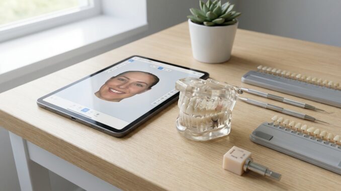 ein tablet mit dem d modell eines lächelnden frauengesichts steht auf einem schreibtisch neben zahnmedizinischen instrumenten künstlichen zähnen und einer kleinen topfpflanze in der nähe eines fensters