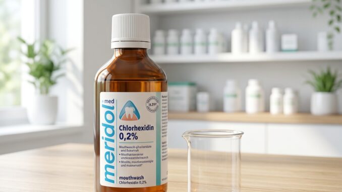 eine flasche meridol chlorhexidin % mundwasser ein becher und ein zahnärztliches werkzeug auf einem tresen in einer sauberen zahnarztpraxis