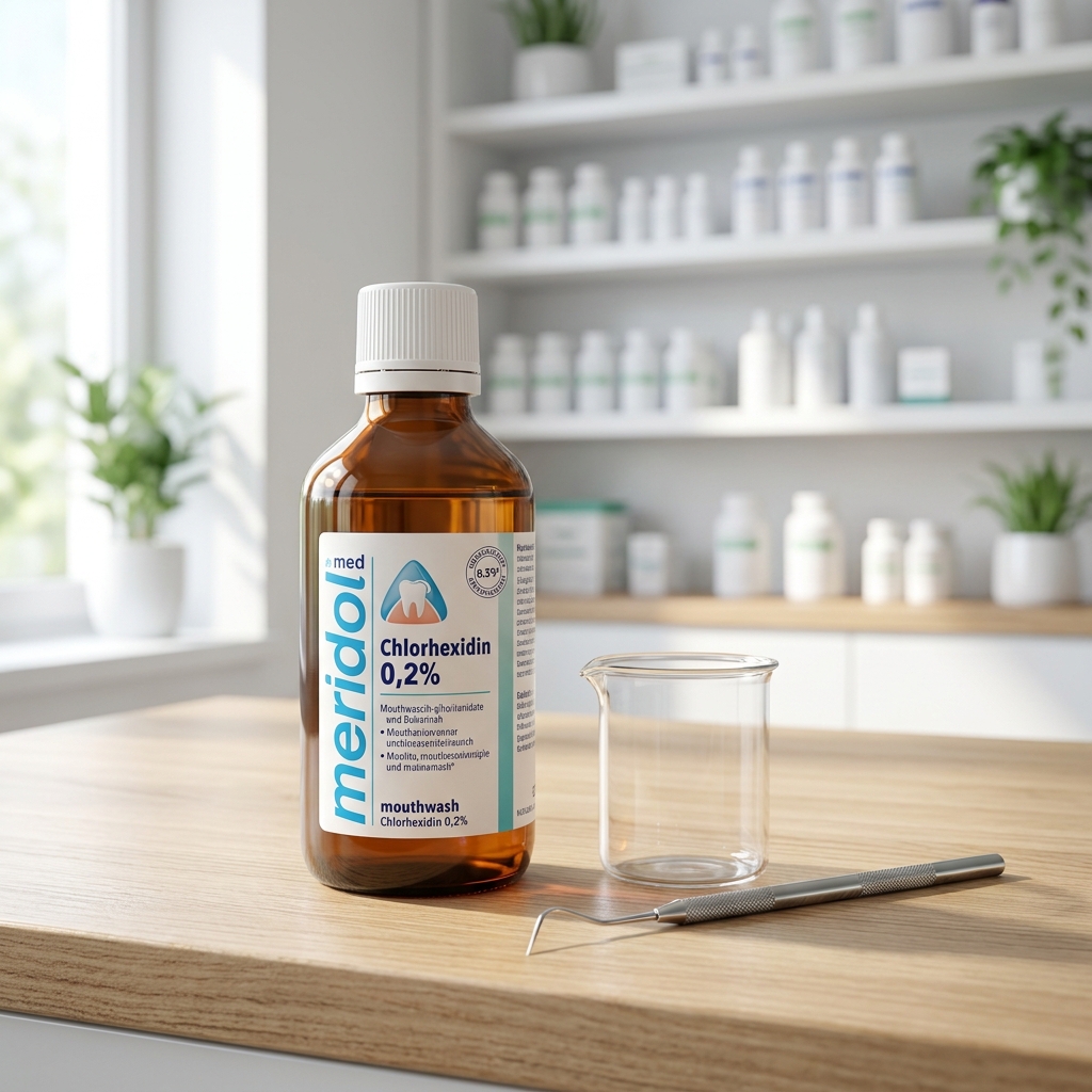 eine flasche meridol chlorhexidin % mundwasser ein becher und ein zahnärztliches werkzeug auf einem tresen in einer sauberen zahnarztpraxis