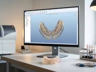 ein computermonitor auf einem schreibtisch zeigt ein d zahnmodell an; auch zahnmedizinische werkzeuge eine zahnform und zahnmedizinische geräte sind in einer klinischen umgebung zu sehen