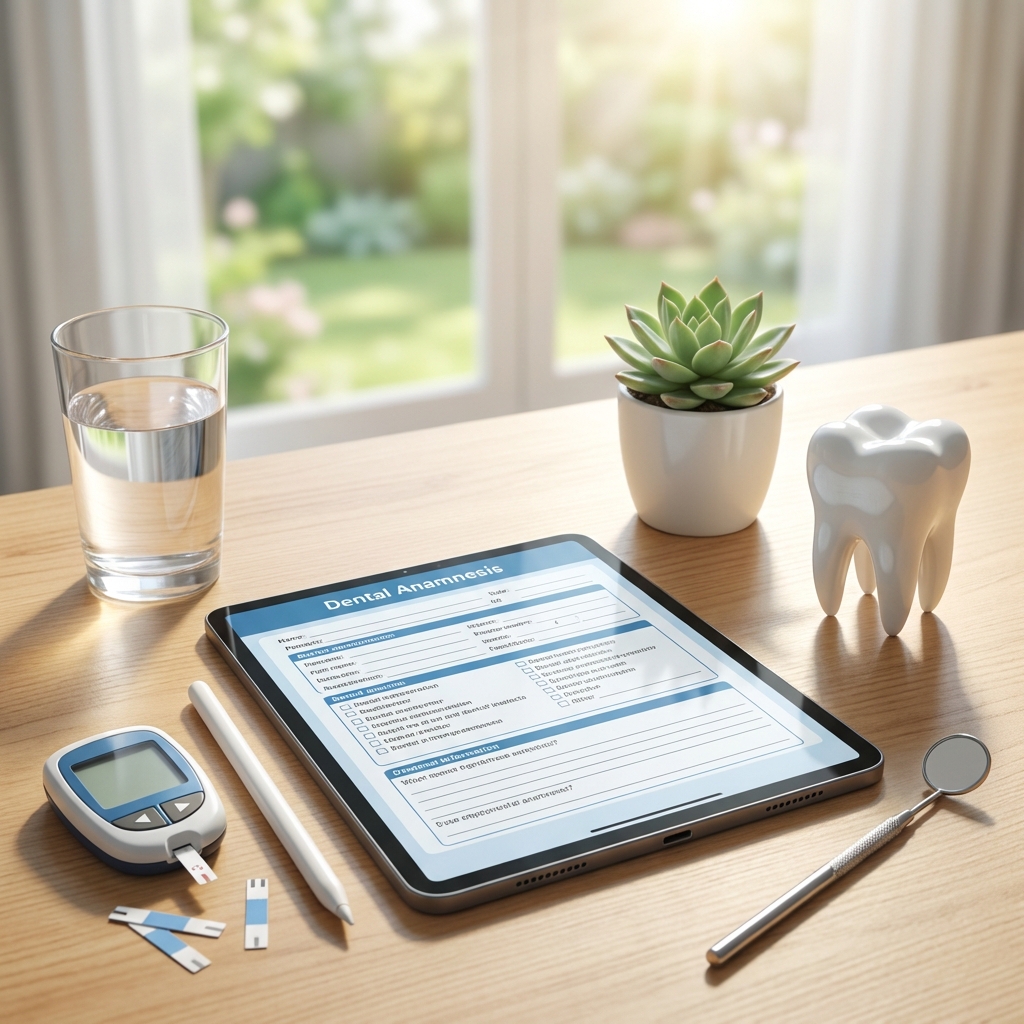 ein tablet mit einem zahnärztlichen anamneseformular steht auf einem schreibtisch mit einem blutzuckermessgerät einem stift einem glas wasser einer topfsukkulente einem zahnmodell und einem zahnspiegel sonnenlicht strömt durch ein fenster