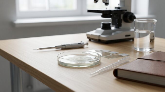 ein mikroskop ein wasserglas eine petrischale eine pipette ein stift objektträger aus glas und ein geschlossenes notizbuch auf einem holztisch in der nähe eines fensters