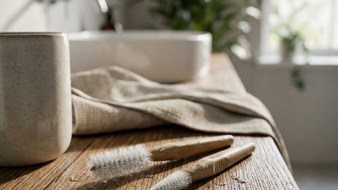 zwei hölzerne zahnbürsten mit abgenutzten borsten liegen auf einem hölzernen badezimmertisch neben einer beigen tasse einem handtuch und einem weißen waschbecken