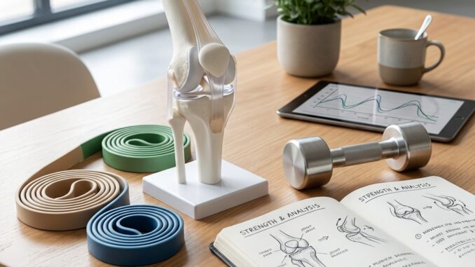 ein tisch mit einem kniegelenksmodell widerstandsbändern einer kurzhantel einem aufgeschlagenen anatomie notizbuch einer tafel mit einer grafik einer pflanze und einem becher der darauf steht