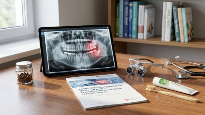 ein zahnärztliches röntgenbild mit hervorgehobenen zähnen wird auf einem tablet auf einem schreibtisch mit zahnärztlichen werkzeugen einer zahnbürste dokumenten und büchern im hintergrund angezeigt
