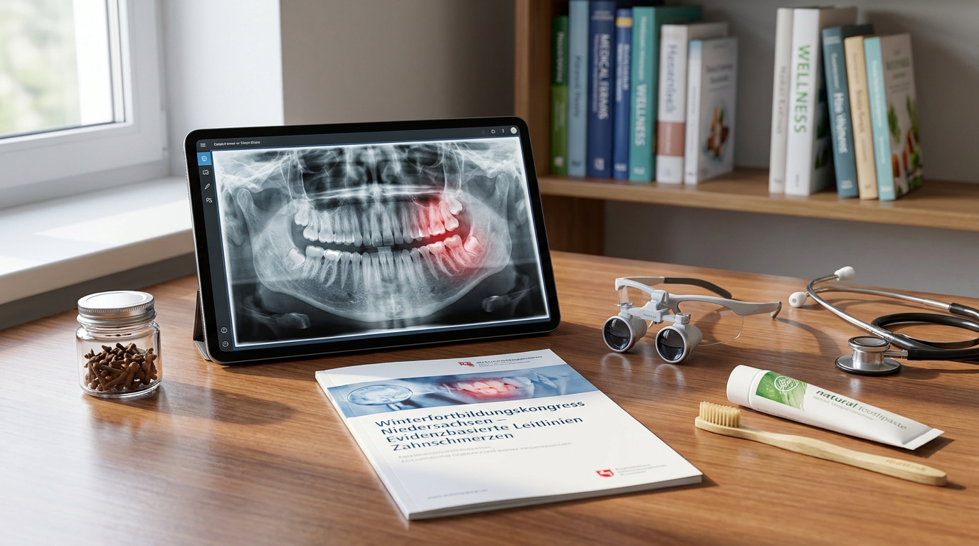 ein zahnärztliches röntgenbild mit hervorgehobenen zähnen wird auf einem tablet auf einem schreibtisch mit zahnärztlichen werkzeugen einer zahnbürste dokumenten und büchern im hintergrund angezeigt