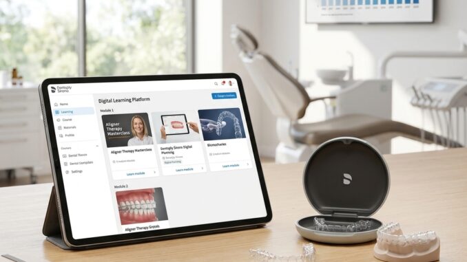 ein tablet mit einer digitalen lernplattform steht auf einem schreibtisch neben kieferorthopädischen alignern in einer zahnarztpraxis mit tabellen und zahnmedizinischen geräten im hintergrund