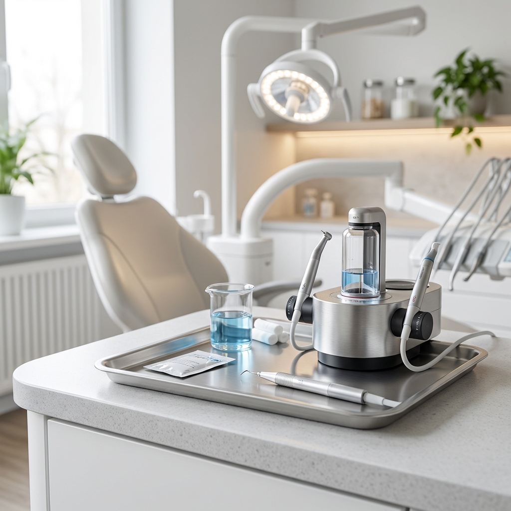 ein zahnärztlicher operationssaal mit einem zahnärztlichen stuhl einer untersuchungsleuchte und einem tablett mit zahnärztlichen werkzeugen einer wasserflasche einem becher und einer sterilisierten packung die alle für ein zahnärztliches verfahren angeordnet sind