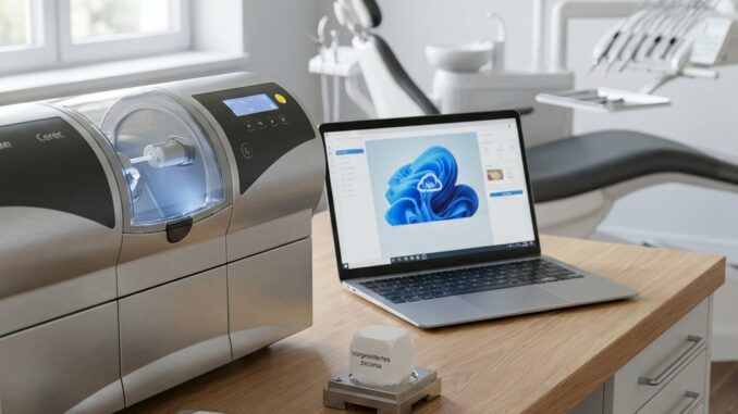 ein arbeitsplatz im dentallabor mit einer fräsmaschine einem scanner und einem laptop auf dem eine zahnplanungssoftware angezeigt wird neben einem zahnarztstuhl in einem hellen klinikraum