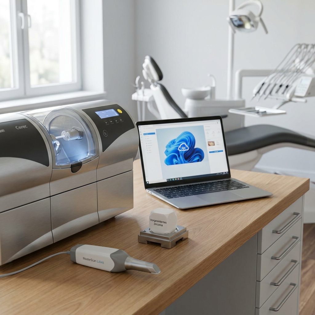 ein arbeitsplatz im dentallabor mit einer fräsmaschine einem scanner und einem laptop auf dem eine zahnplanungssoftware angezeigt wird neben einem zahnarztstuhl in einem hellen klinikraum