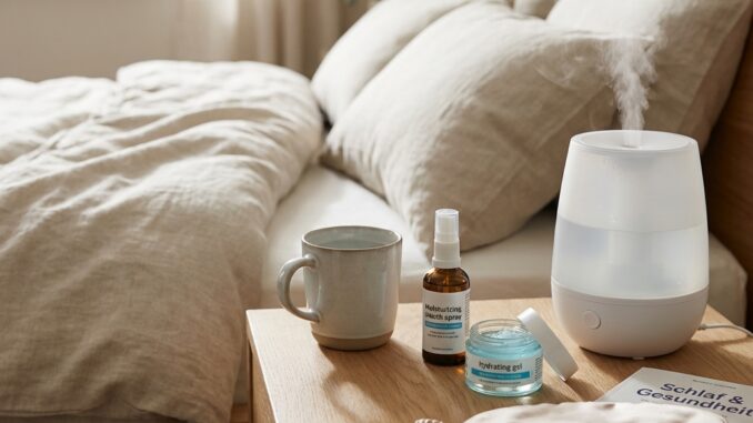 ein nachttisch mit einer tasse einer sprühflasche einem cremetiegel einer schlafmaske einem buch und einem luftbefeuchter der nebel ausstößt; im hintergrund steht ein ordentlich gemachtes bett