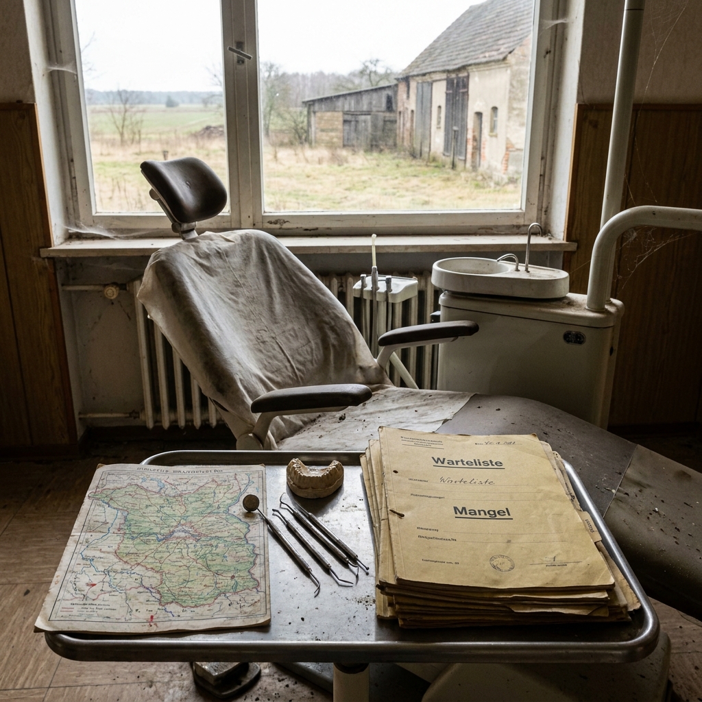 eine alte verlassene zahnarztpraxis mit einem abgenutzten zahnarztstuhl zahnärztlichen werkzeugen einer landkarte und papieren auf einem tisch; außerhalb des fensters sind überwucherte gebäude und felder zu sehen