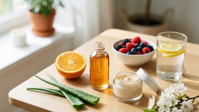 ein holztisch mit aloe vera blättern eine halbierte orange eine glasflasche mit Öl ein cremetopf eine schale mit beeren ein glas zitronenwasser und ein blühender zweig