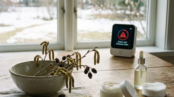 eine schale mit zweigen ein cremetiegel eine tropfflasche und wattepads stehen auf einem tisch in der nähe eines fensters das einen verschneiten garten zeigt; ein gerät zeigt einen pollen und schadstoffalarm an