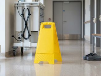 ein gelbes warnschild steht auf dem glänzenden boden eines flurs neben einem reinigungswagen und einem paar grauer slipper