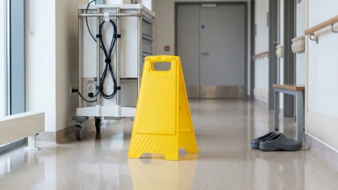 ein gelbes warnschild steht auf dem glänzenden boden eines flurs neben einem reinigungswagen und einem paar grauer slipper