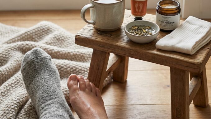 eine person entspannt sich in einem haus mit einem fuß mit socken und einem nackten fuß in der nähe eines holzschemels mit tee fußcreme kräutermischung und socken im hintergrund sind eine strickdecke und ein fenster zu sehen