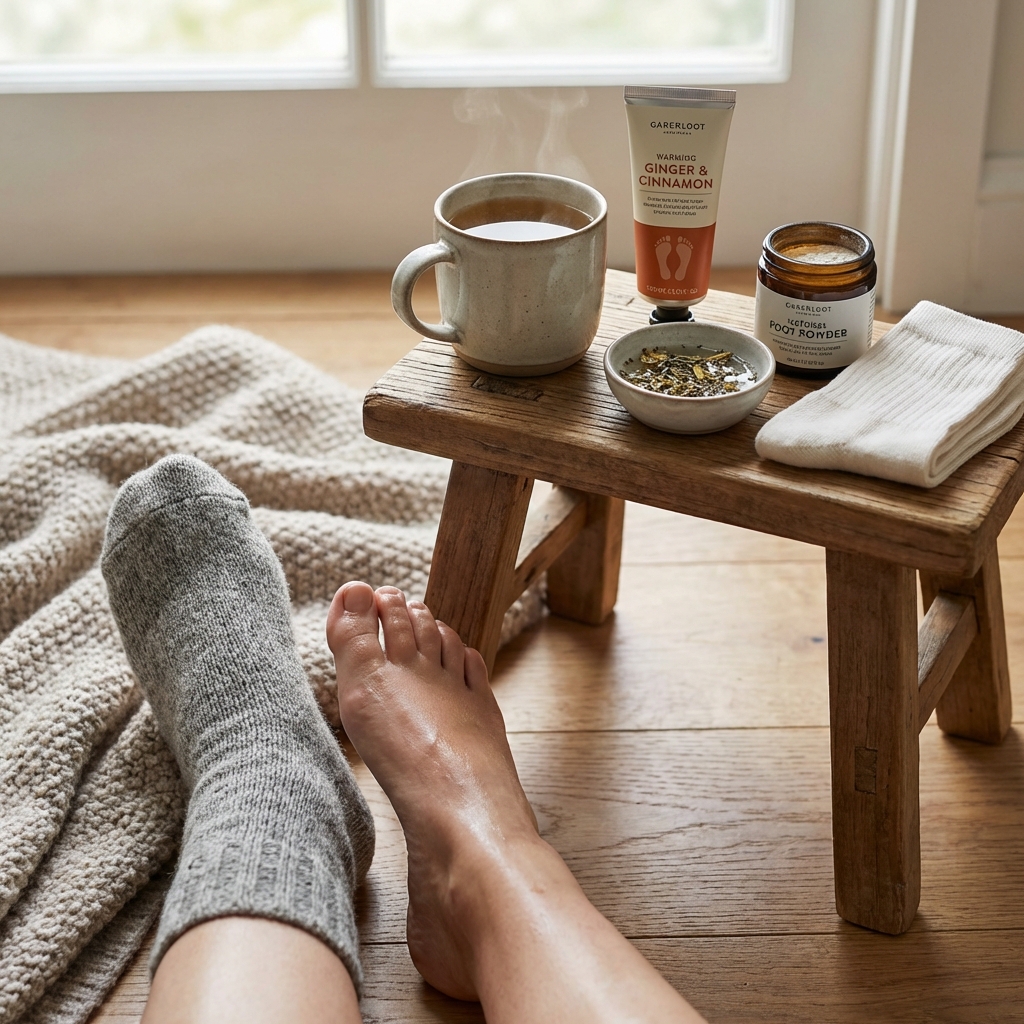 eine person entspannt sich in einem haus mit einem fuß mit socken und einem nackten fuß in der nähe eines holzschemels mit tee fußcreme kräutermischung und socken im hintergrund sind eine strickdecke und ein fenster zu sehen