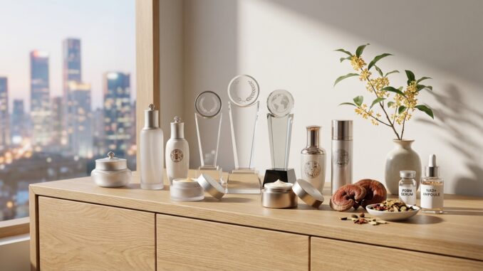 eine holzvitrine mit hautpflegeprodukten gläsernen auszeichnungen einer vase mit gelben blumen und schalen mit kräutern und pilzen vor einem unscharfen hintergrund einer stadtlandschaft