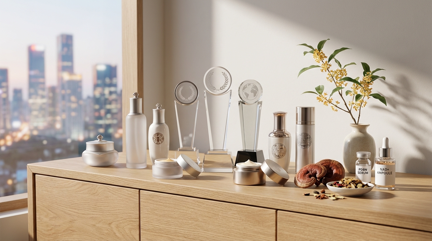 eine holzvitrine mit hautpflegeprodukten gläsernen auszeichnungen einer vase mit gelben blumen und schalen mit kräutern und pilzen vor einem unscharfen hintergrund einer stadtlandschaft