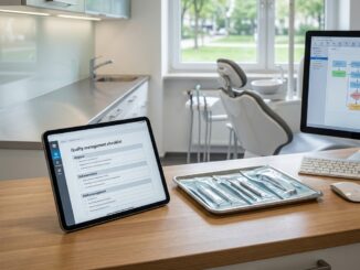 schreibtisch in einer zahnarztpraxis mit einem tablet auf dem eine checkliste für das qualitätsmanagement angezeigt wird einem tablett mit zahnärztlichen instrumenten und einem computermonitor; zahnarztstuhl und fenster im hintergrund