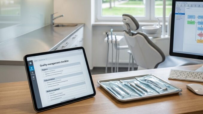 schreibtisch in einer zahnarztpraxis mit einem tablet auf dem eine checkliste für das qualitätsmanagement angezeigt wird einem tablett mit zahnärztlichen instrumenten und einem computermonitor; zahnarztstuhl und fenster im hintergrund