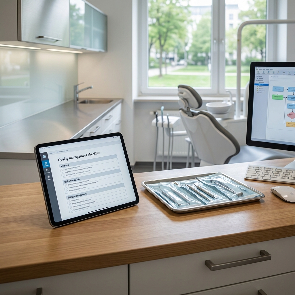 schreibtisch in einer zahnarztpraxis mit einem tablet auf dem eine checkliste für das qualitätsmanagement angezeigt wird einem tablett mit zahnärztlichen instrumenten und einem computermonitor; zahnarztstuhl und fenster im hintergrund