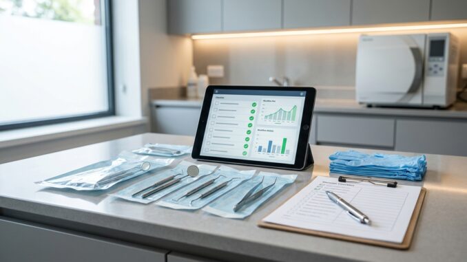 steril verpackte zahnärztliche instrumente ein klemmbrett mit einem stift blaue handschuhe und ein tablet mit zahnärztlichen diagrammen stehen auf einem tresen in einer modernen zahnarztpraxis