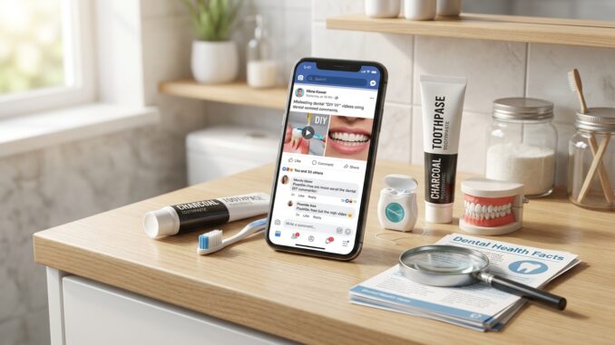 ein smartphone das einen social media post über zahnaufhellung anzeigt steht auf einem badezimmertisch mit zahnpasta zahnbürste einem zahnmodell einer lupe und einem merkblatt zur zahngesundheit