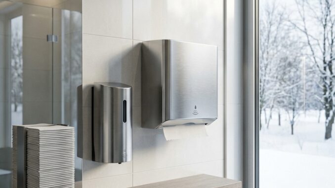 eine moderne toilette mit einem papierhandtuchspender aus edelstahl einem seifenspender gestapelten papierhandtüchern und einem großen fenster das eine verschneite außenszene zeigt