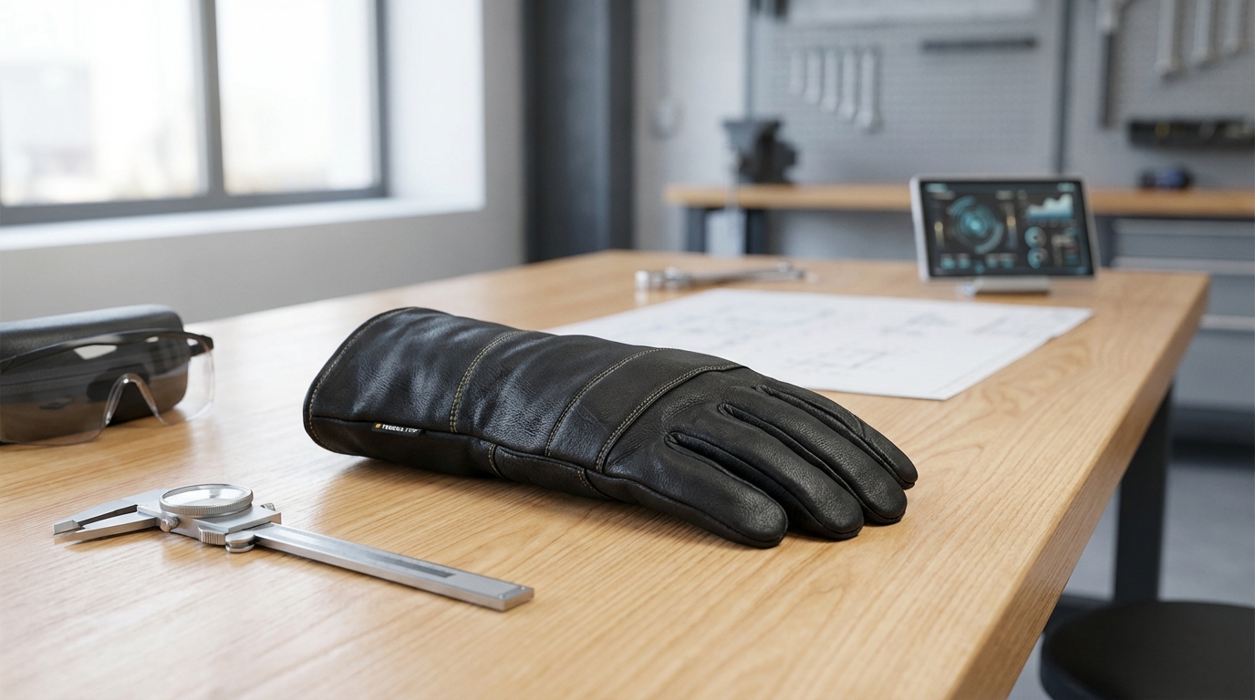 ein schwarzer schutzhandschuh liegt auf einer hölzernen werkbank neben einer schutzbrille einem messschieber papier mit diagrammen und einem tablet in einer gut beleuchteten werkstatt