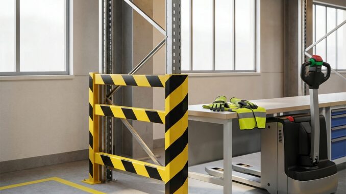 eine lagerecke mit gelb schwarzen sicherheitsbarrieren einem palettenheber einem arbeitstisch sicherheitshandschuhen und einer warnweste; gelbe linien markieren den boden