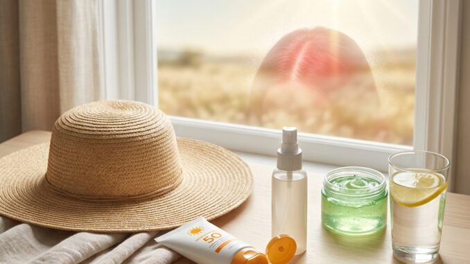 ein sonnenhut ein sonnenschutzmittel eine sprühflasche ein gelglas ein glas zitronenwasser und ein holzkamm auf einem tisch an einem sonnigen fenster mit einer person draußen