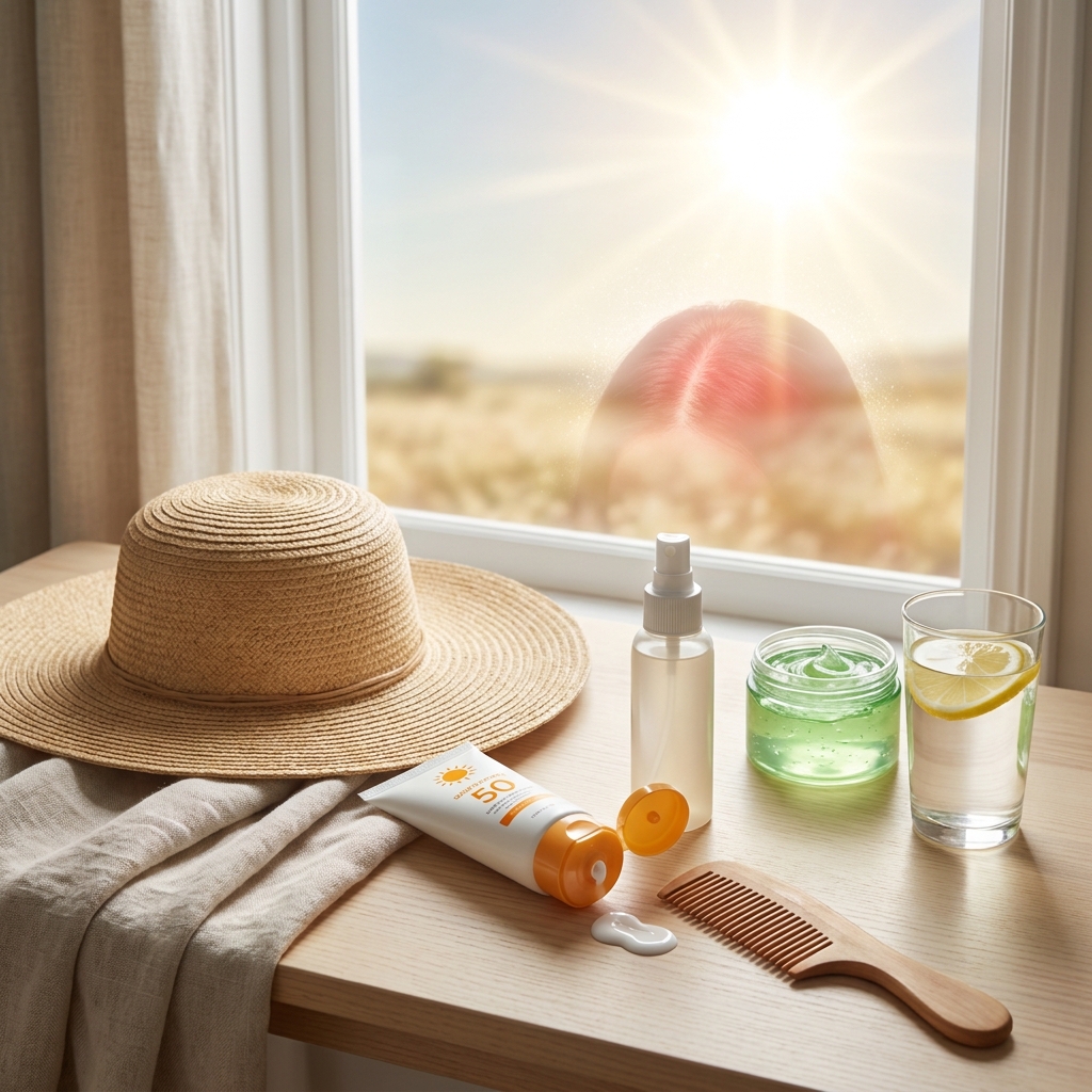 ein sonnenhut ein sonnenschutzmittel eine sprühflasche ein gelglas ein glas zitronenwasser und ein holzkamm auf einem tisch an einem sonnigen fenster mit einer person draußen