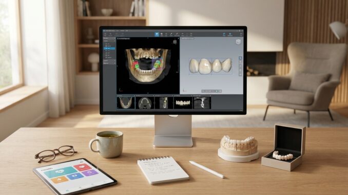 ein computermonitor zeigt zahnmedizinische bildgebungssoftware auf einem schreibtisch mit zahnmodellen einem tablet einem notizblock einem stift und einer kaffeetasse in einer modernen büroumgebung