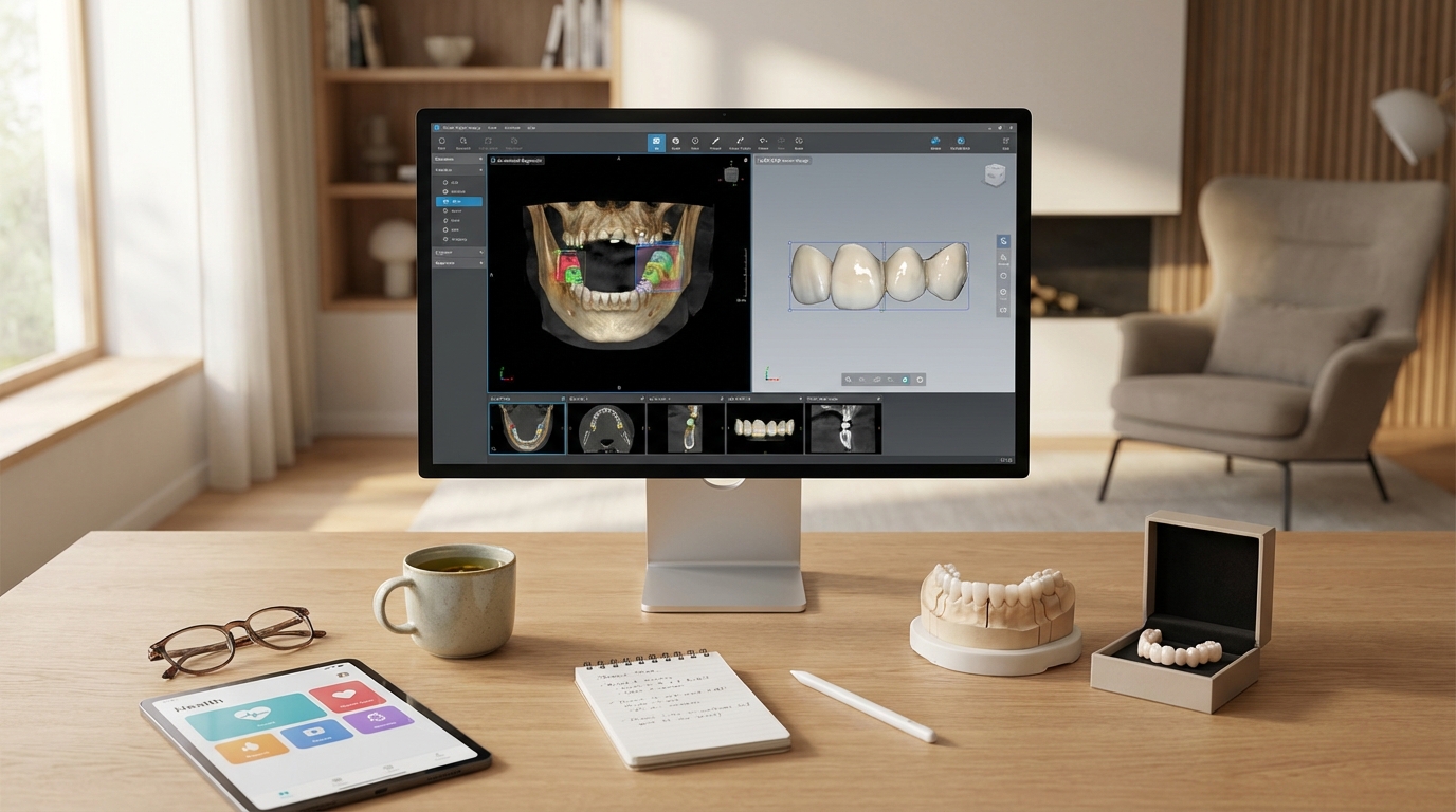ein computermonitor zeigt zahnmedizinische bildgebungssoftware auf einem schreibtisch mit zahnmodellen einem tablet einem notizblock einem stift und einer kaffeetasse in einer modernen büroumgebung