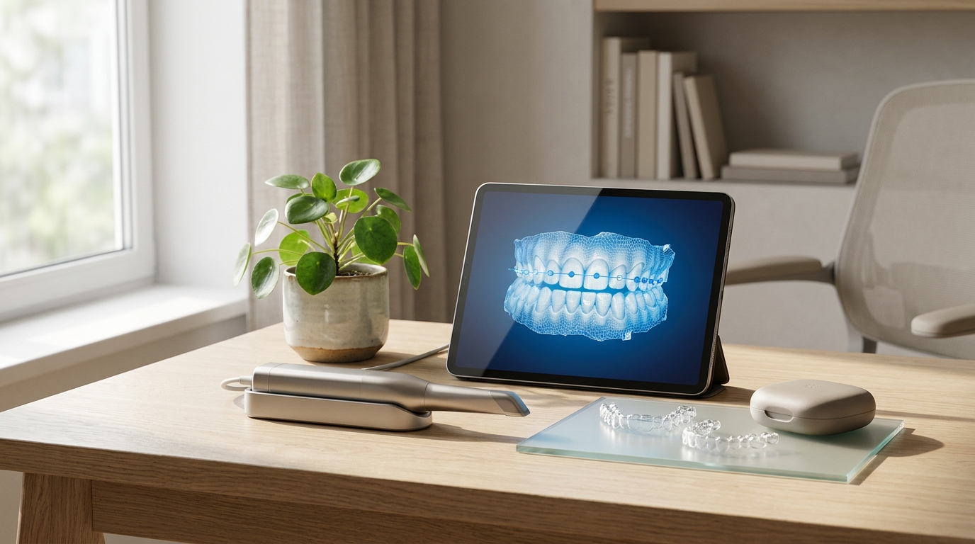 ein tablet mit einem röntgenbild steht auf einem schreibtisch mit einer topfpflanze zahnärztlichen werkzeugen und durchsichtigen alignern in einer modernen büroumgebung