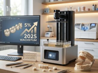 auf dem schreibtisch eines modernen dentallabors stehen ein d digitaldrucker zahnmodelle werkzeuge und ein computer der eine wachstumstabelle von % für anzeigt