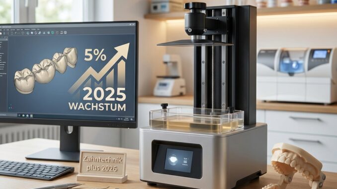 auf dem schreibtisch eines modernen dentallabors stehen ein d digitaldrucker zahnmodelle werkzeuge und ein computer der eine wachstumstabelle von % für anzeigt