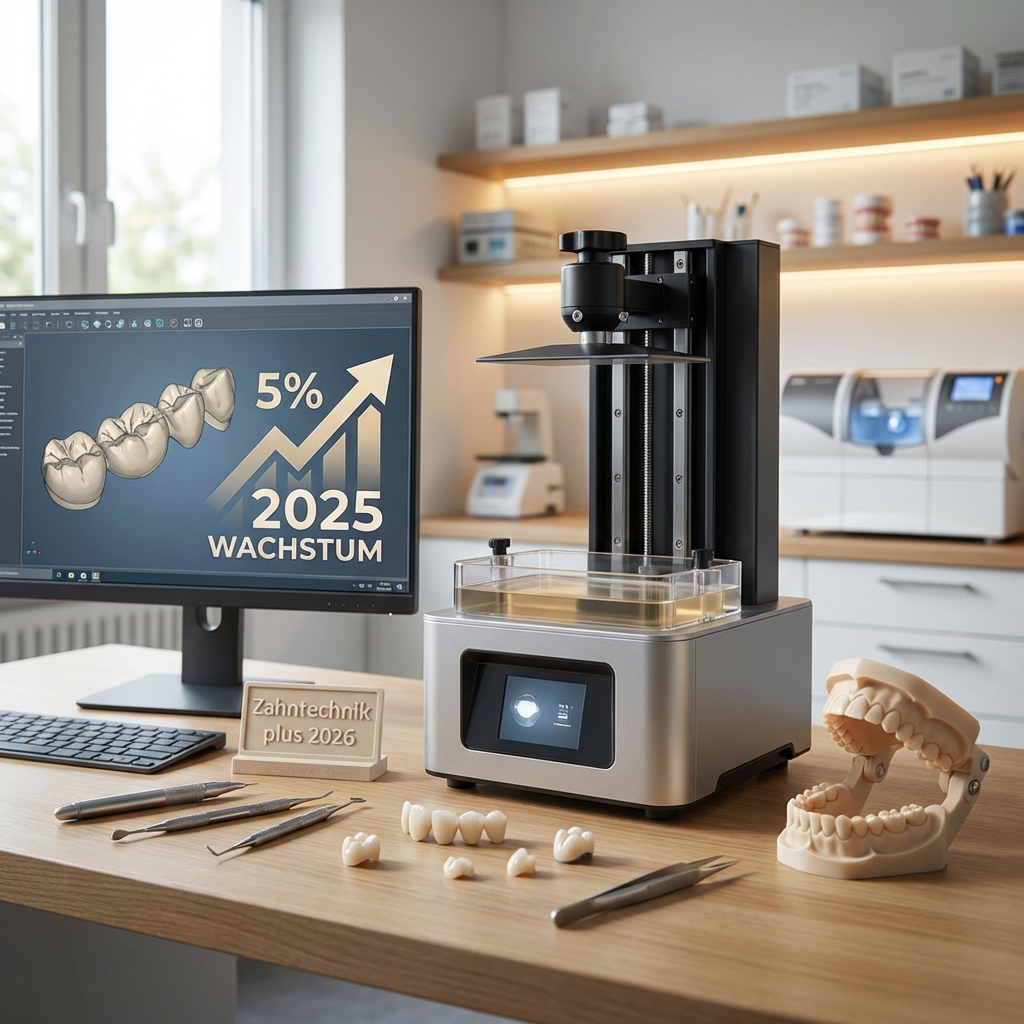 auf dem schreibtisch eines modernen dentallabors stehen ein d digitaldrucker zahnmodelle werkzeuge und ein computer der eine wachstumstabelle von % für anzeigt