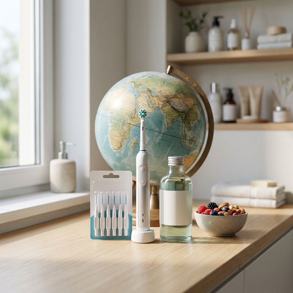 eine elektrische zahnbürste mit ersatzköpfen eine glasflasche und eine schale mit beeren und nüssen stehen auf einer arbeitsplatte in der nähe eines globus und eines fensters
