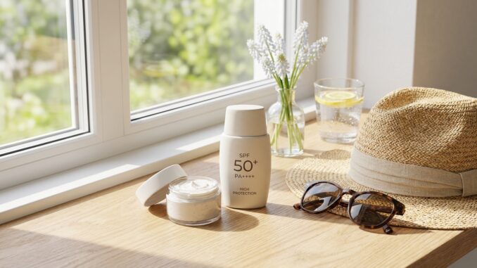 sonnenschutzmittel spf gesichtscreme sonnenbrille hut und ein glas zitronenwasser auf einer hölzernen fläche an einem fenster mit sonnenlicht und blumen